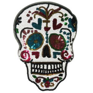 Huge Sugar Skull Iron On Sequins Patch Day of the Dead Gold Red Blue White Black